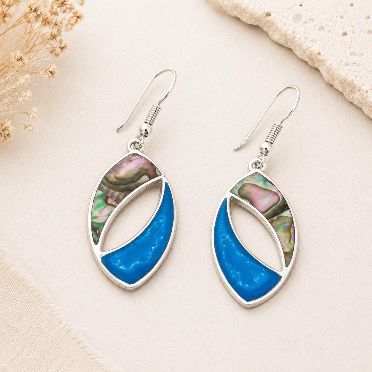 Art Deco Abalone Shell Earrings – Silver Plated Taxco Jewelry, Blue Resin Accents