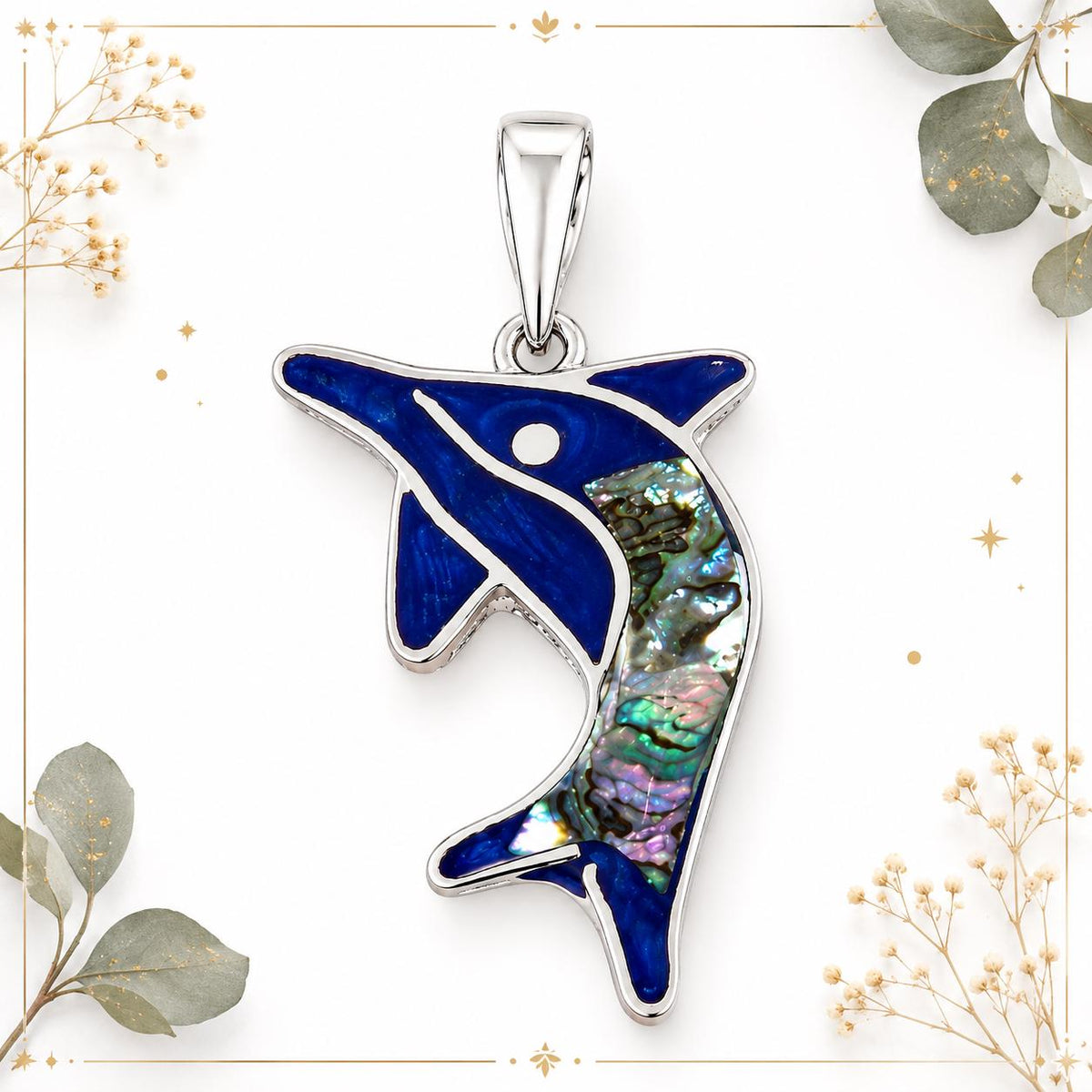 Silver Plated Abalone Dolphin Pendant – Blue Enamel Boho Chic Jewelry