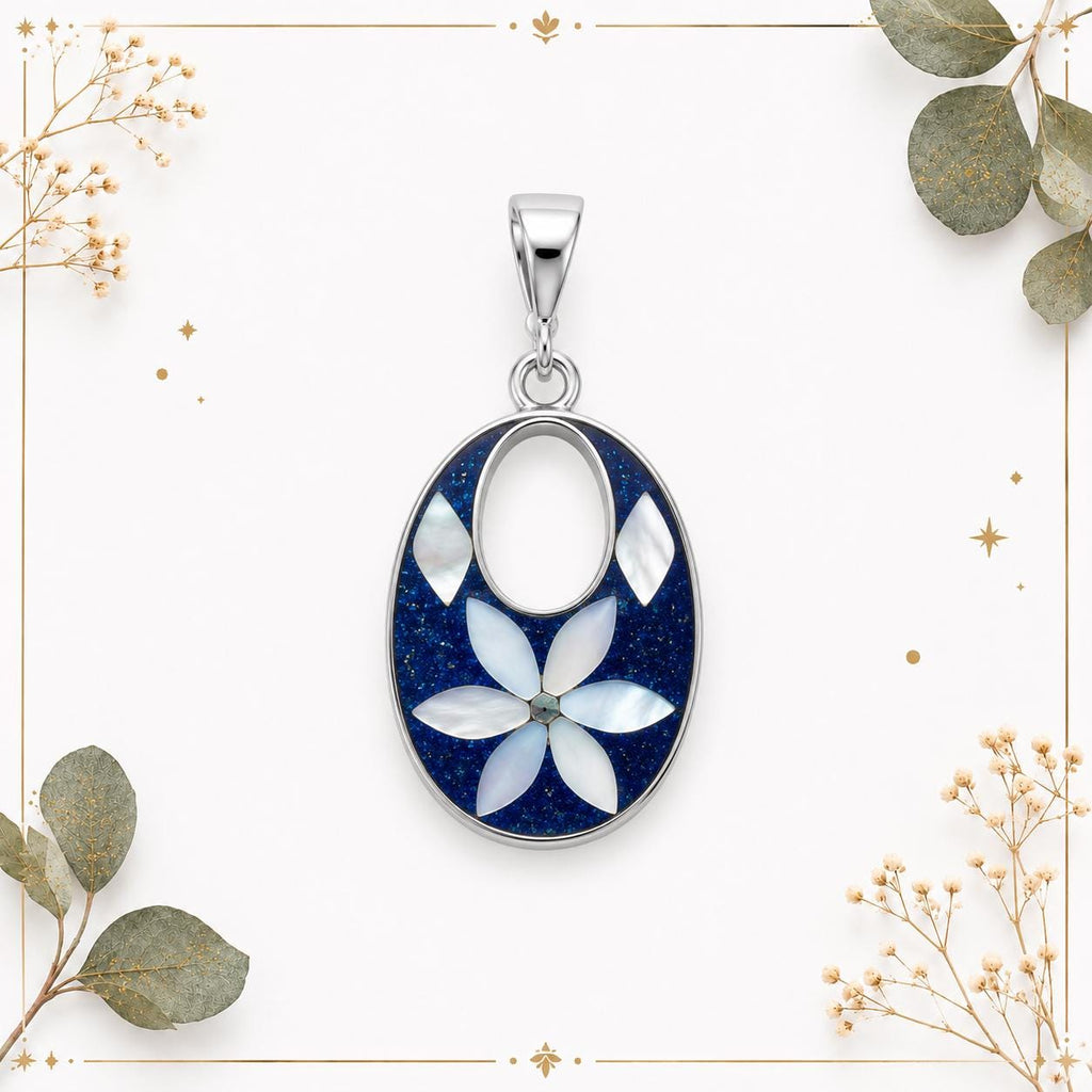 Silver Plated Floral Pendant – Mother of Pearl, Blue Resin, Boho Chic Jewelry