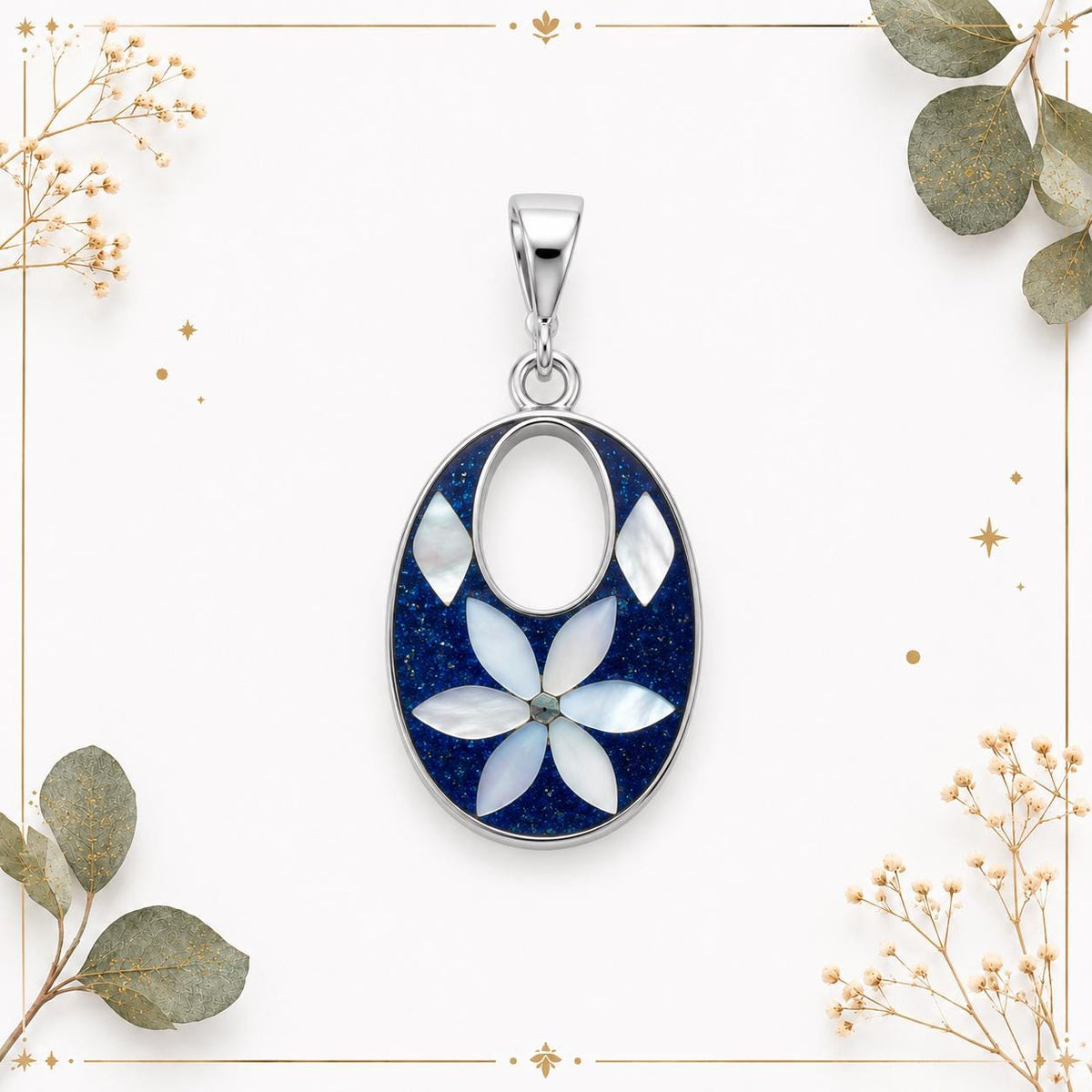 Silver Plated Floral Pendant – Mother of Pearl, Blue Resin, Boho Chic Jewelry