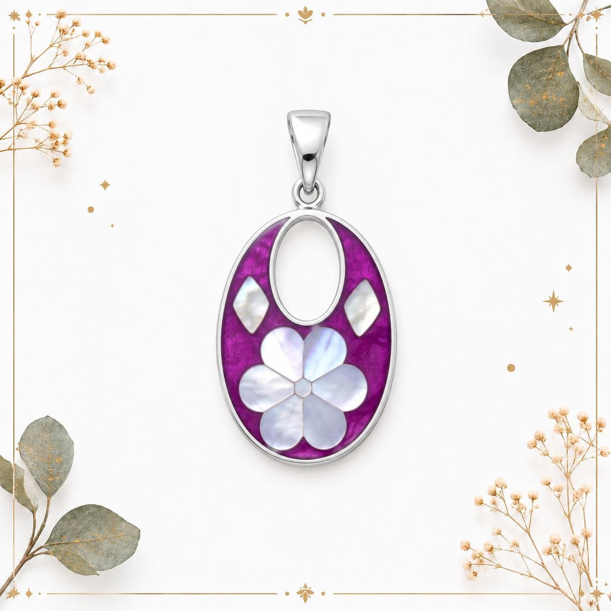 Vintage Mother of Pearl Flower Pendant: Silver Plated Mexican Necklace, Boho Chic Resin Design
