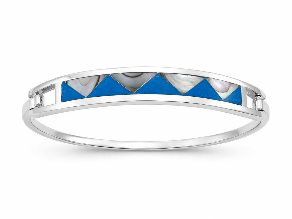 Silver Plated Abalone Geometric Blue Enamel Resin Bracelet, Taxco Mexico Boho Chic