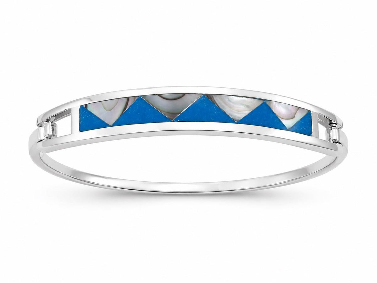 Silver Plated Abalone Geometric Blue Enamel Resin Bracelet, Taxco Mexico Boho Chic