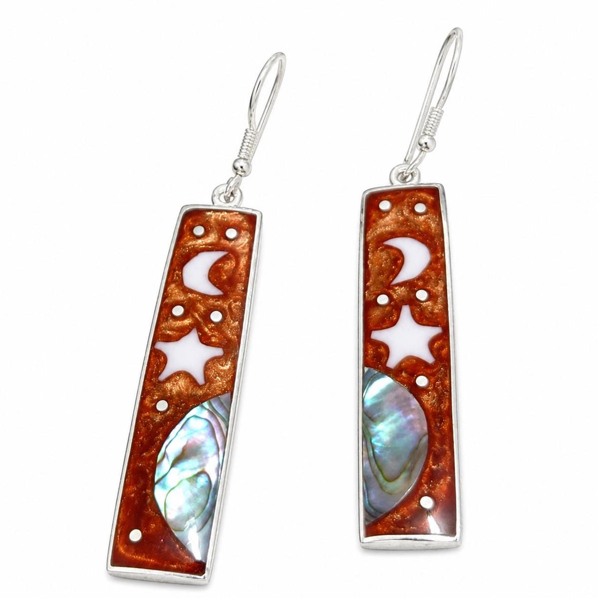 Silver Plated Celestial Earrings with Abalone Moon Star Design – Mexican Artisan Boho Chic