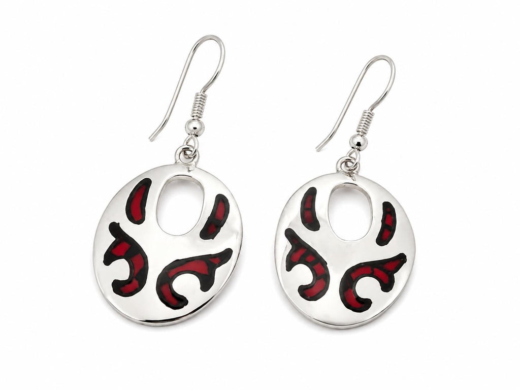 Handcrafted Aztec Earrings: Silver Plated Red & Black Resin Boho Jewelry from Taxco, Mexico