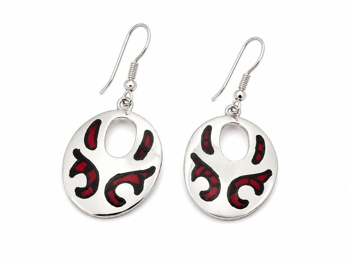 Handcrafted Aztec Earrings: Silver Plated Red & Black Resin Boho Jewelry from Taxco, Mexico