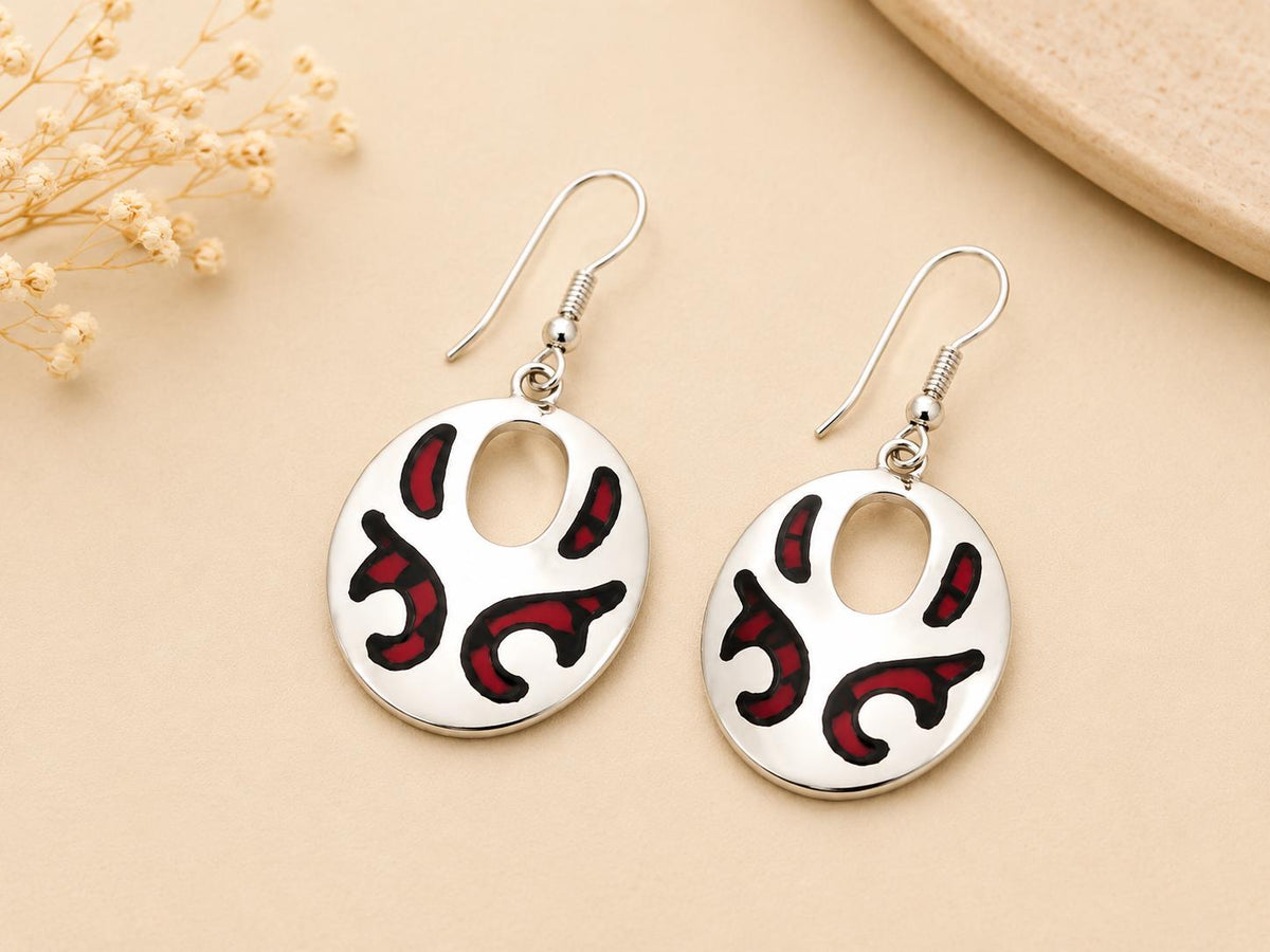 Handcrafted Aztec Earrings: Silver Plated Red & Black Resin Boho Jewelry from Taxco, Mexico