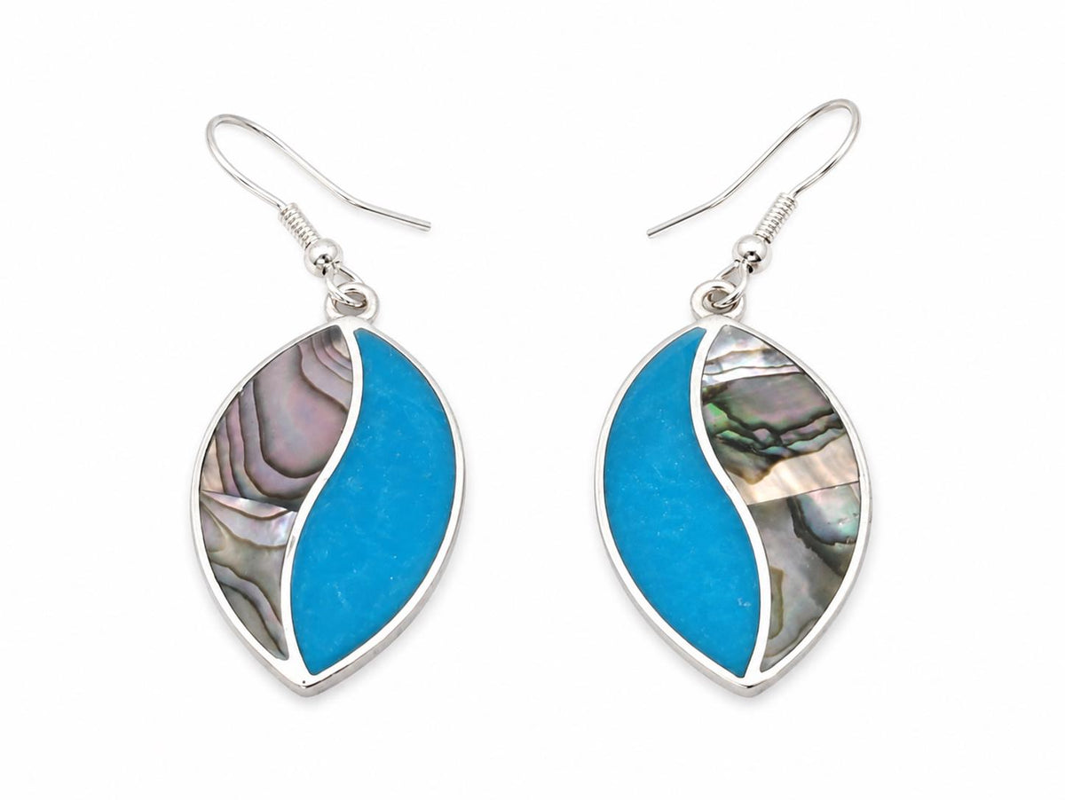 Handcrafted Mexican Abalone Shell Earrings, Blue Enamel, 950 Silver Dangle