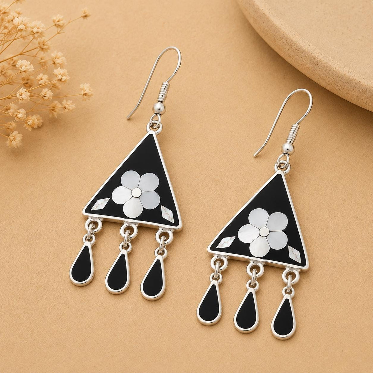 Mexican Silver Plated Mother of Pearl Flower Earrings: Boho Chic Artisan Jewelry