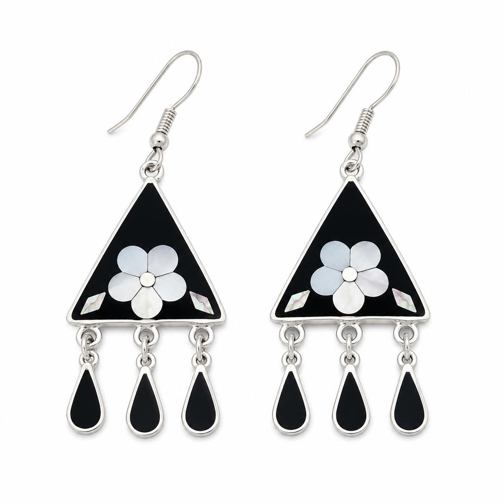 Mexican Silver Plated Mother of Pearl Flower Earrings: Boho Chic Artisan Jewelry