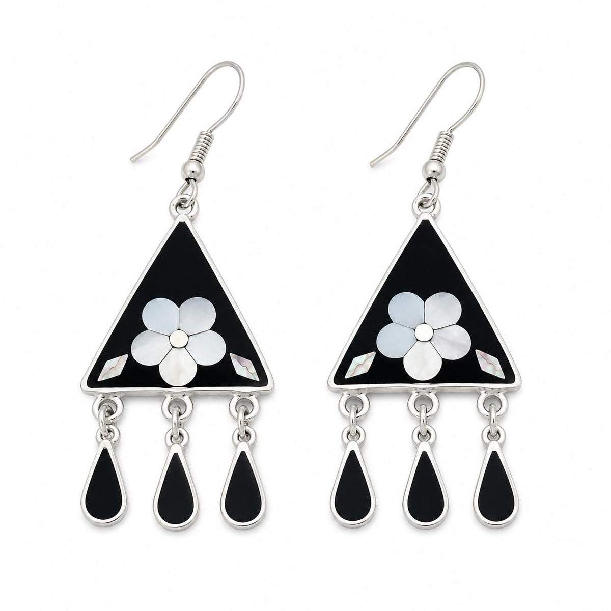 Mexican Silver Plated Mother of Pearl Flower Earrings: Boho Chic Artisan Jewelry