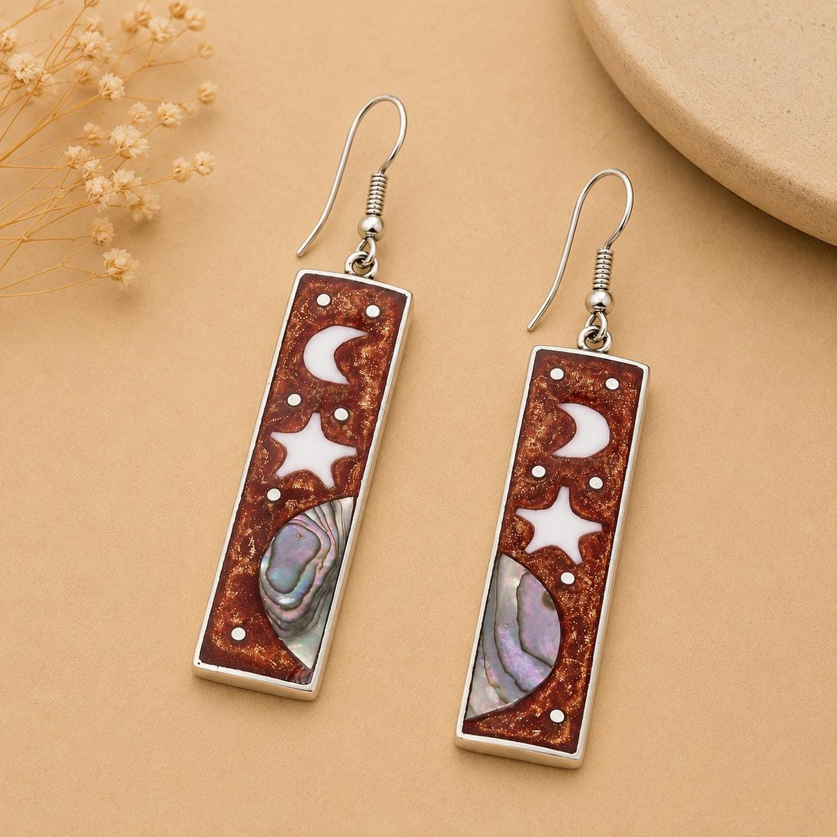 Mexican Artisan Silver Plated Celestial Earrings with Abalone Inlay