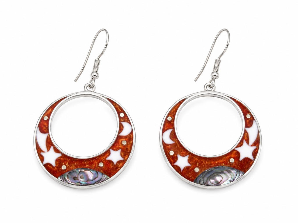 Silver Plated Celestial Earrings with Abalone Moon, Stars – Boho Chic Taxco Jewelry