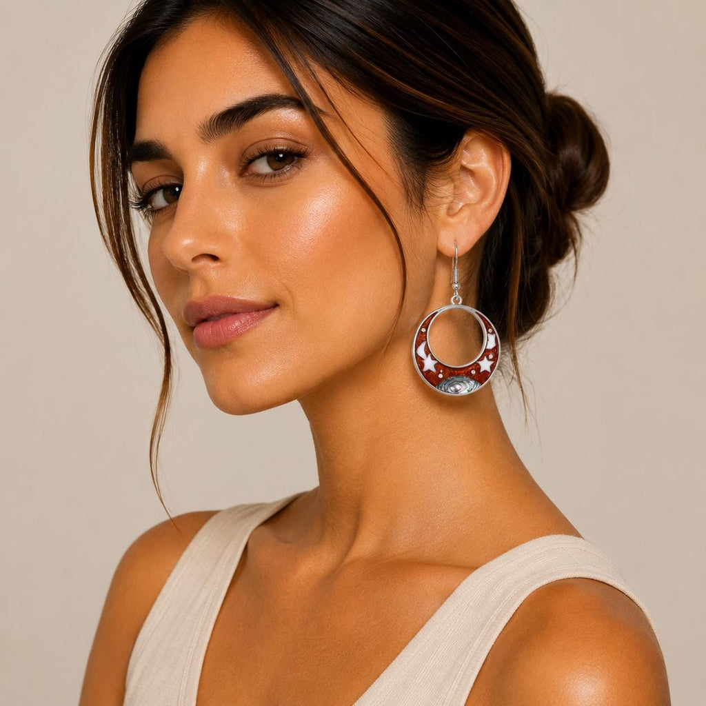 Silver Plated Celestial Earrings with Abalone Moon, Stars – Boho Chic Taxco Jewelry