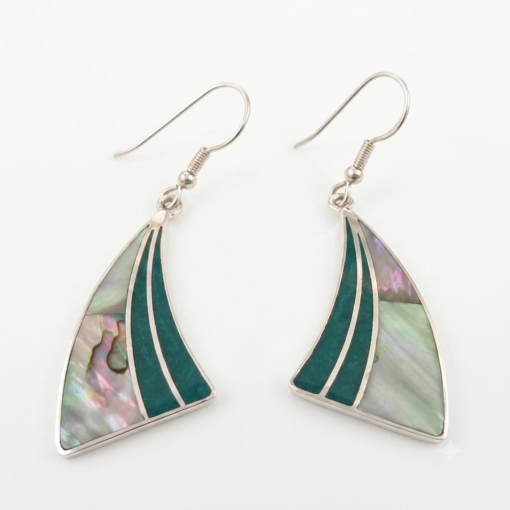 Art Deco Silver Plated Abalone Inlay Earrings – Mexican Taxco Dangle, Green Resin