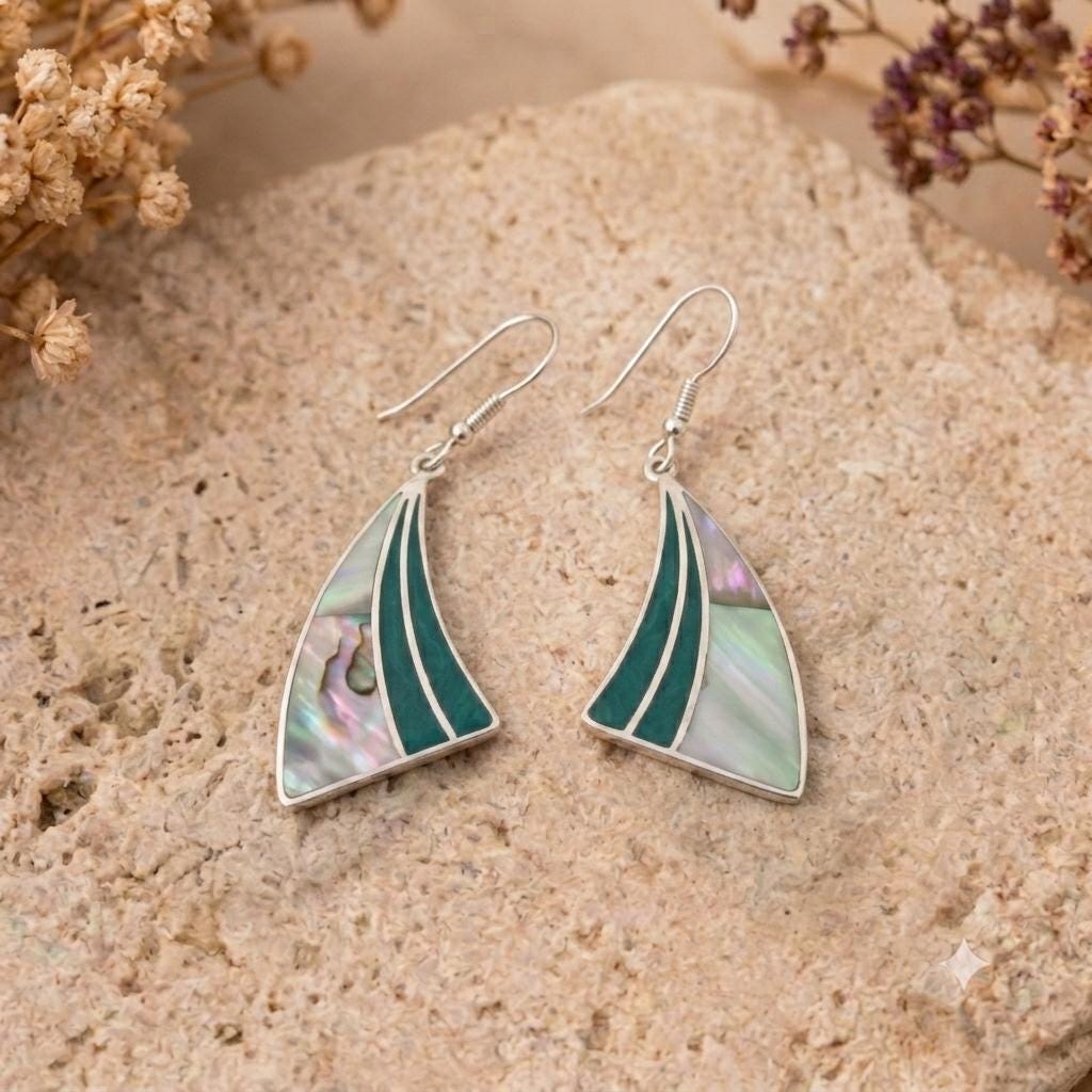 Art Deco Silver Plated Abalone Inlay Earrings – Mexican Taxco Dangle, Green Resin