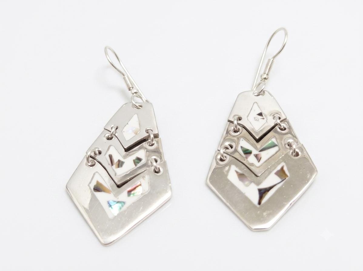 Silver Plated Abalone Inlay Azteca Earrings – Artisan Mexican Dangle Jewelry