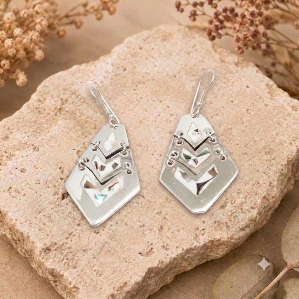 Silver Plated Abalone Inlay Azteca Earrings – Artisan Mexican Dangle Jewelry