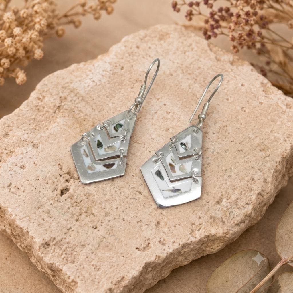 Handcrafted Silver Plated Abalone Earrings from Mexico - Unique Aztec Pyramid Design - Lightweight Artisan Jewelry