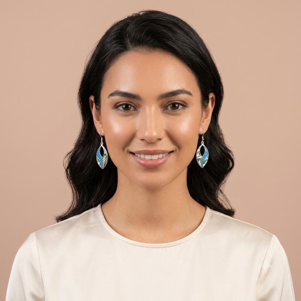 Handcrafted Mexican Abalone Shell Earrings: Silver Plated Blue Enamel Resin, Taxco Artisanal Jewelry