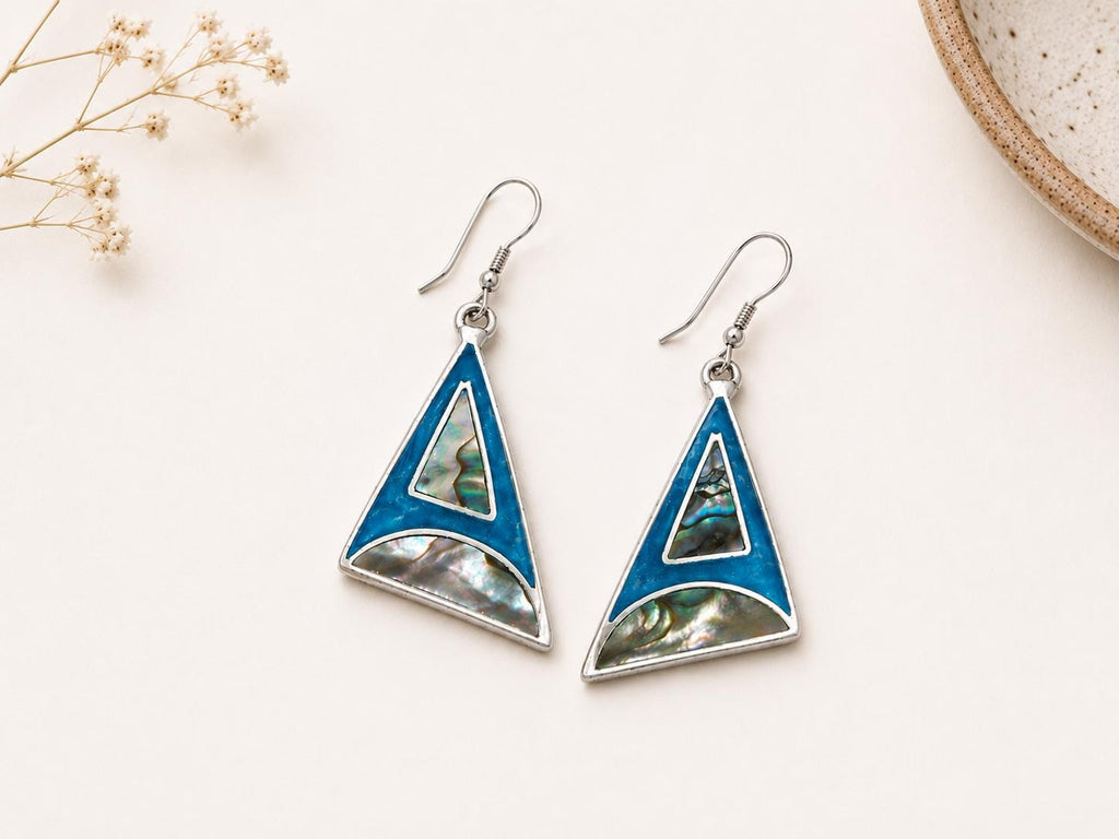 Silver Plated Abalone Shell Triangle Earrings – Blue Enamel Art Deco Design