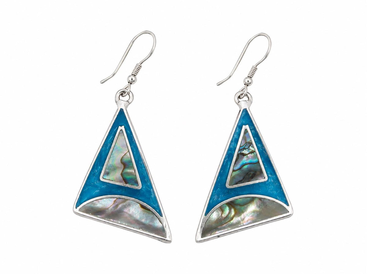 Silver Plated Abalone Shell Triangle Earrings – Blue Enamel Art Deco Design