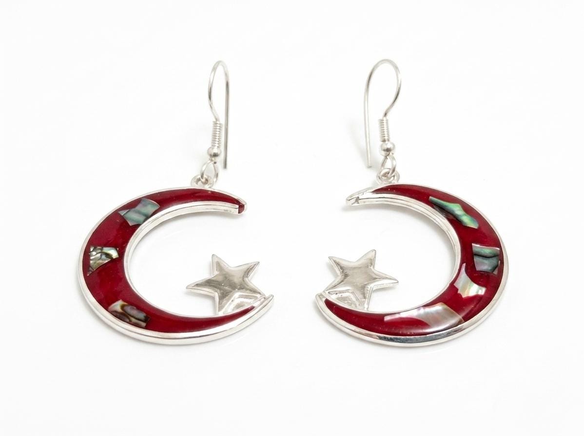 Abalone Inlay Moon and Star Earrings, Red Enamel, Silver Plated