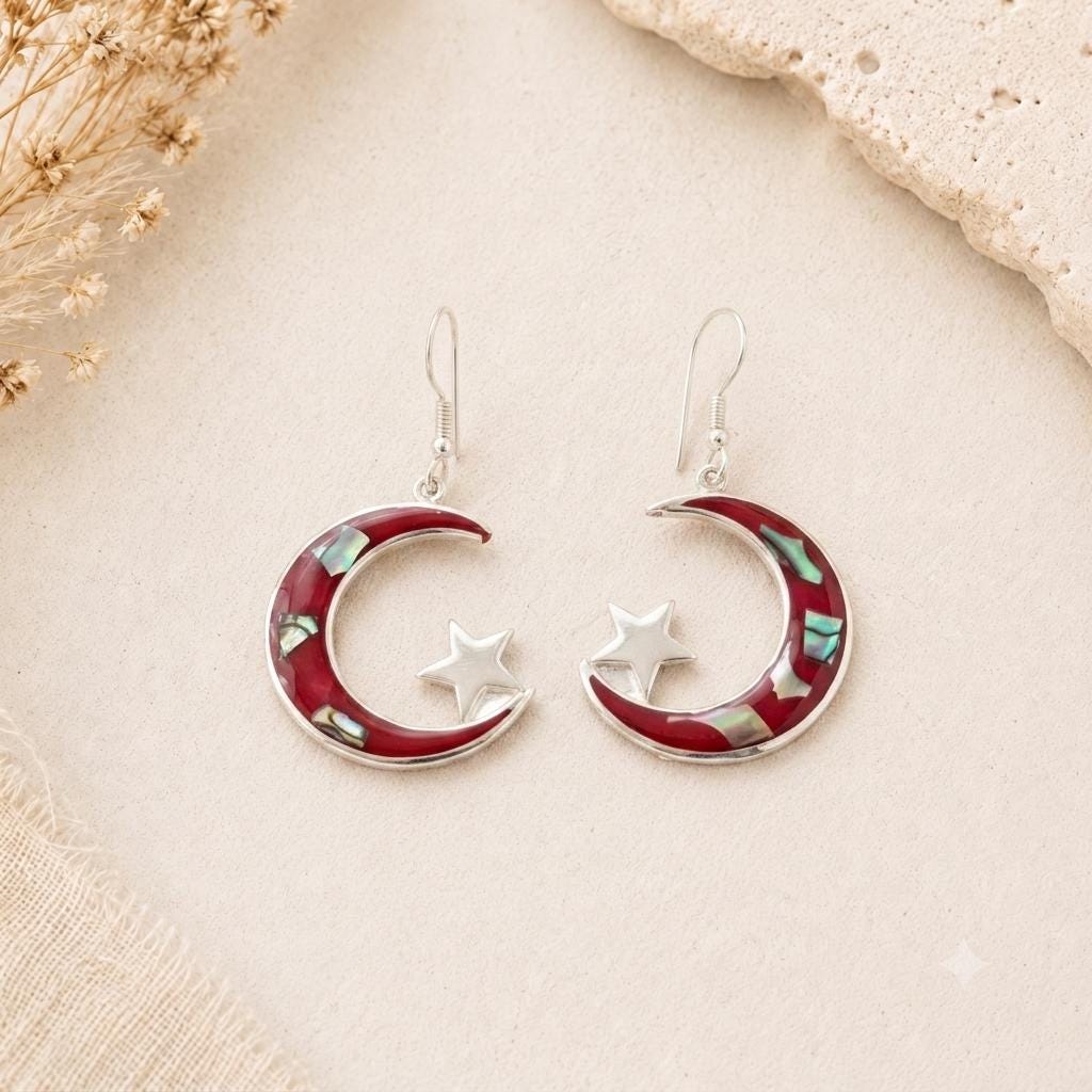 Abalone Inlay Moon and Star Earrings, Red Enamel, Silver Plated