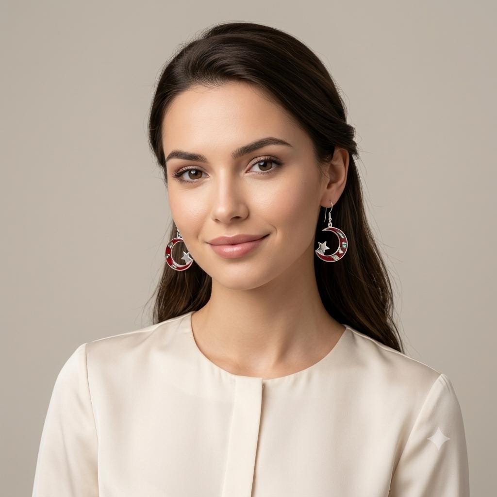 Abalone Inlay Moon and Star Earrings, Red Enamel, Silver Plated