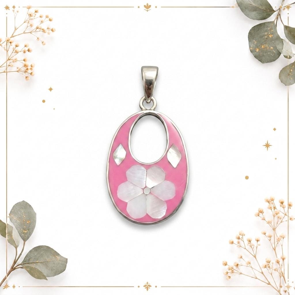 Silver Plated Mexican Pendant – Mother of Pearl Flower, Pink Resin, Boho Chic Style