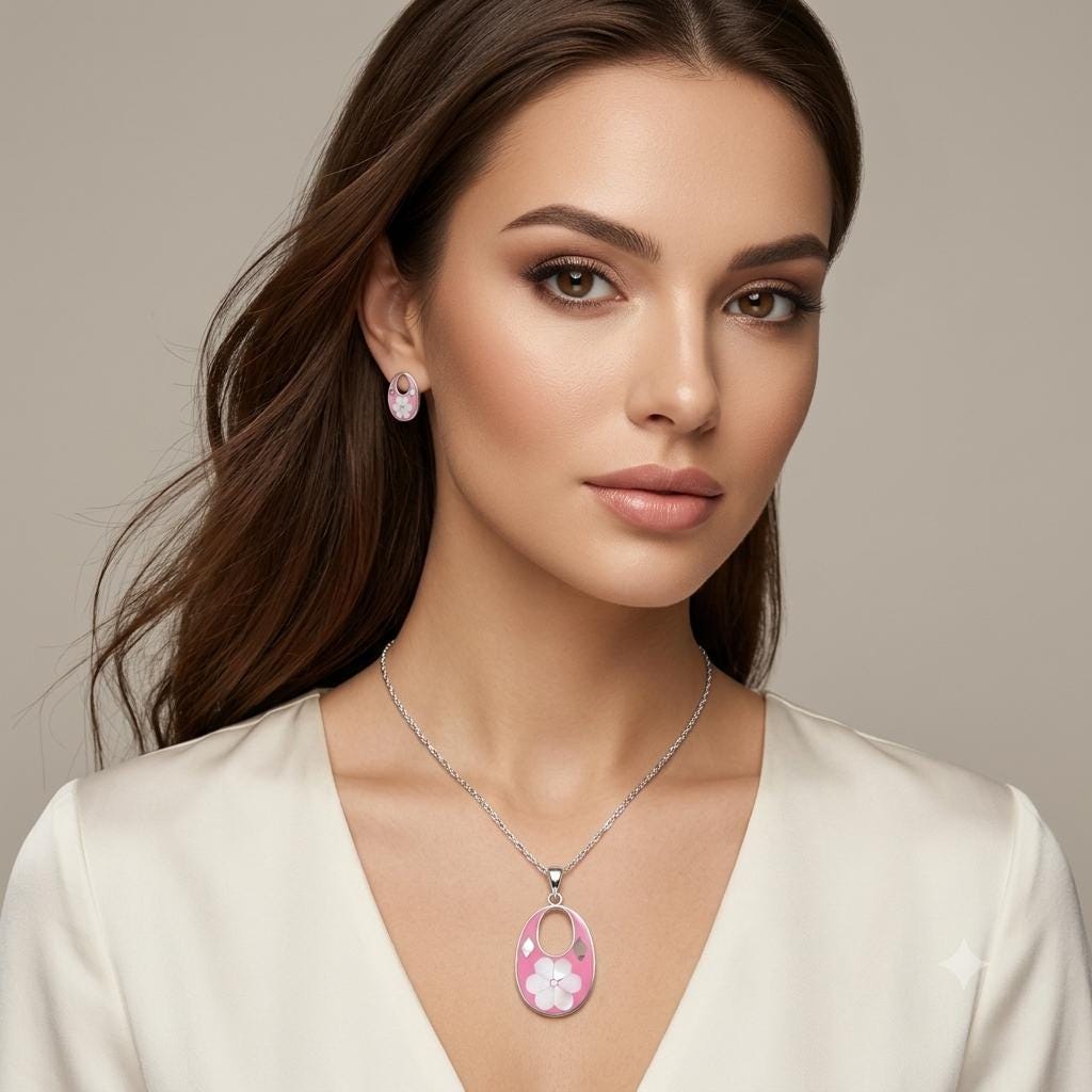 Silver Plated Mexican Pendant – Mother of Pearl Flower, Pink Resin, Boho Chic Style