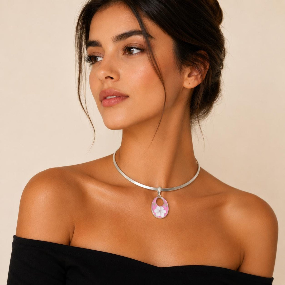 Silver Plated Choker with Pink Daisy Abalone Pendant – Mexican Statement Necklace