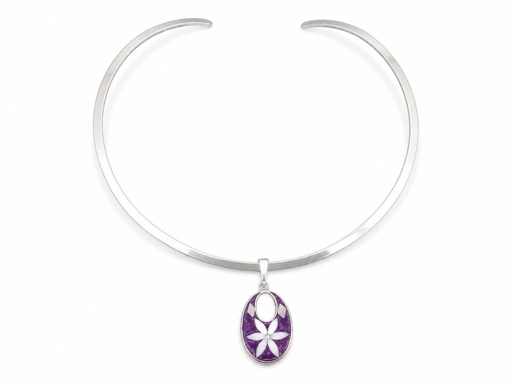 Silver Plated Mexican Torc Necklace with Purple Daisy Abalone Pendant