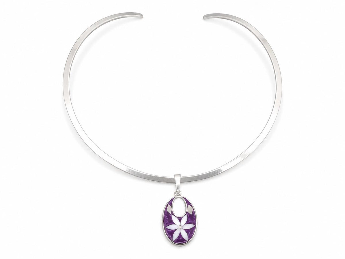 Silver Plated Mexican Torc Necklace with Purple Daisy Abalone Pendant