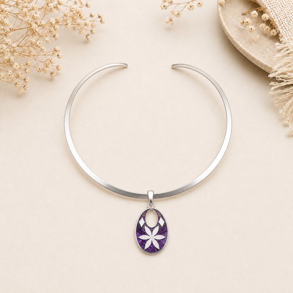 Silver Plated Mexican Torc Necklace with Purple Daisy Abalone Pendant