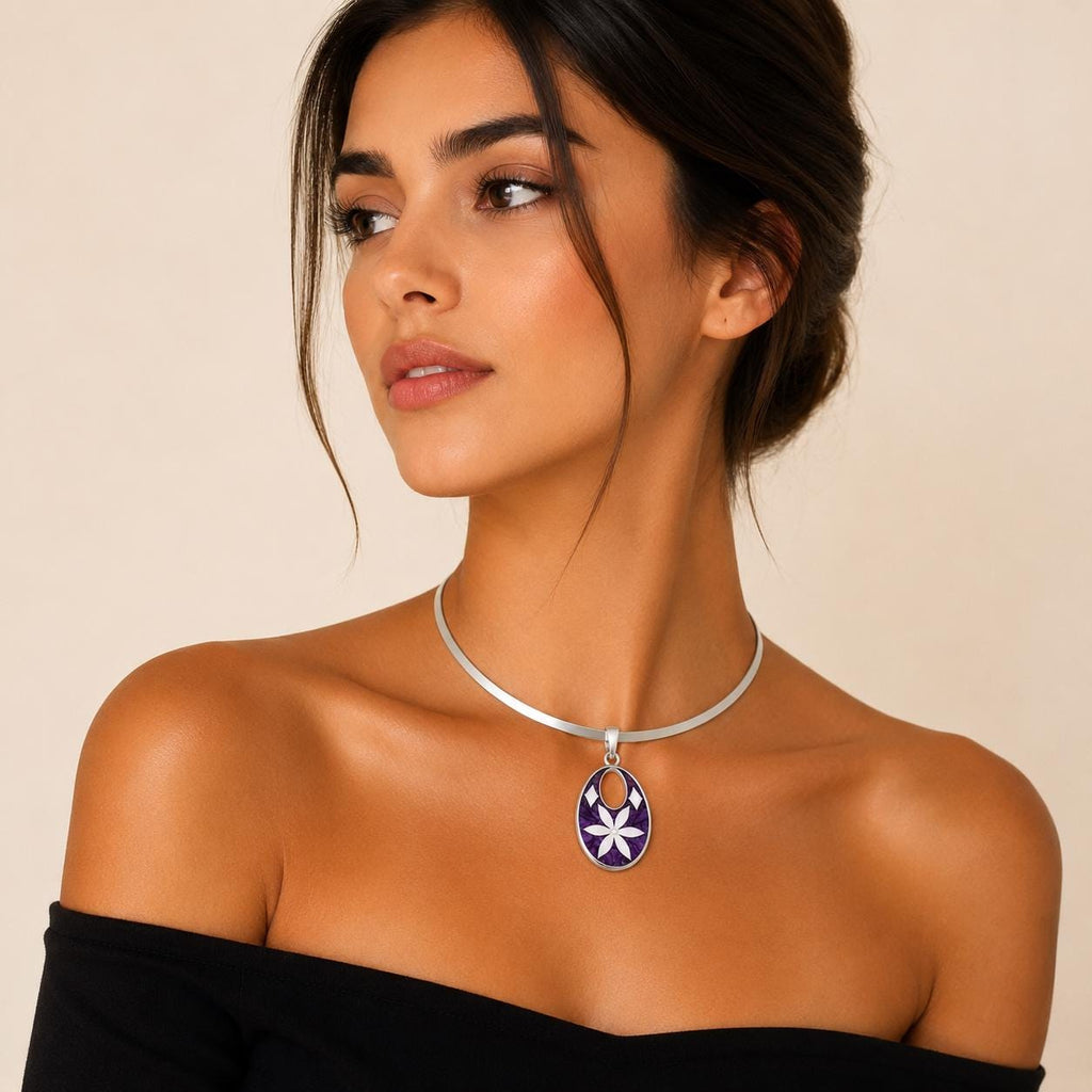 Silver Plated Mexican Torc Necklace with Purple Daisy Abalone Pendant