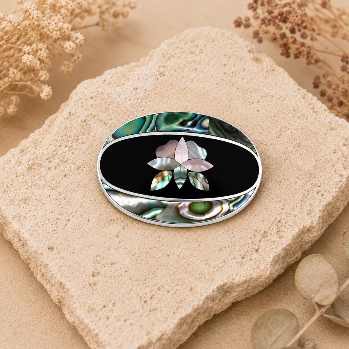 Silver Plated Abalone Inlay Tulip Pendant Brooch: Art Deco Enamel Handcrafted in Taxco, Mexico