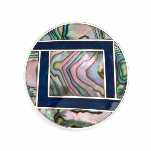 Artisan Mexican Abalone Blue Enamel Geometric Brooch Pendant – Silver Plated Azteca Art Deco