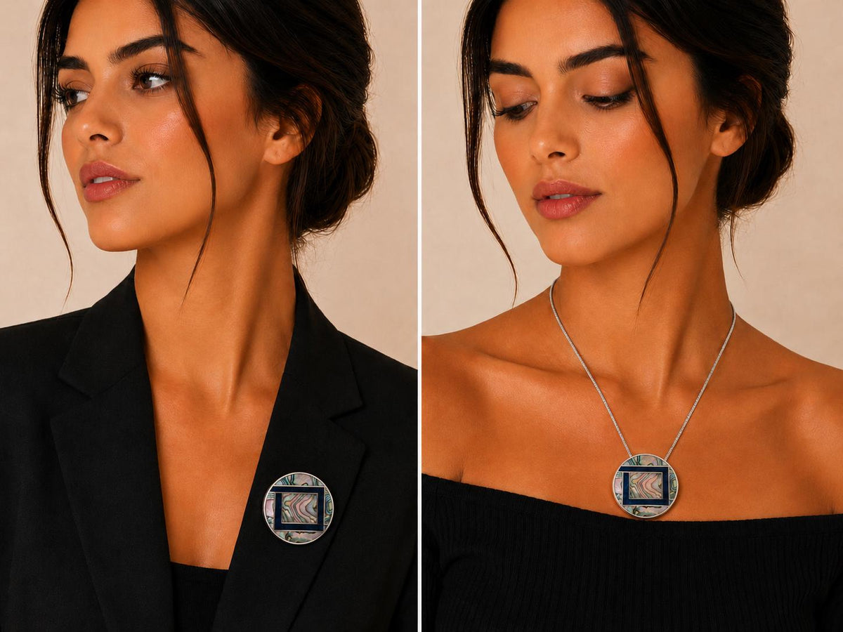 Artisan Mexican Abalone Blue Enamel Geometric Brooch Pendant – Silver Plated Azteca Art Deco