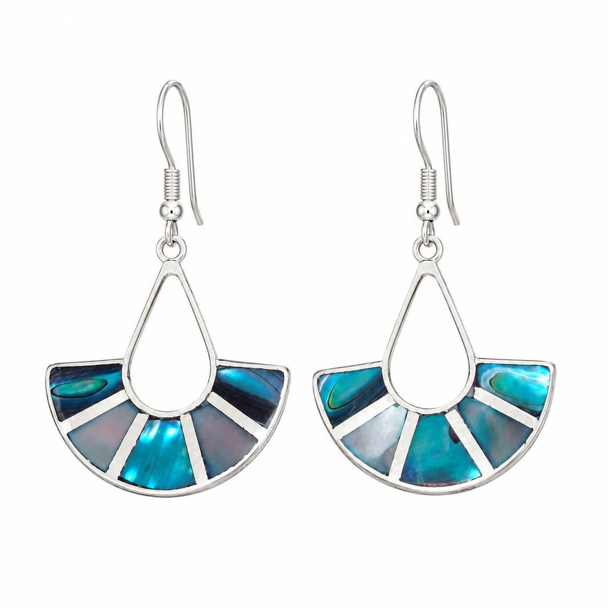 Handcrafted Silver Plated Abalone Shell Fan Earrings, Art Deco Style from Taxco, Mexico