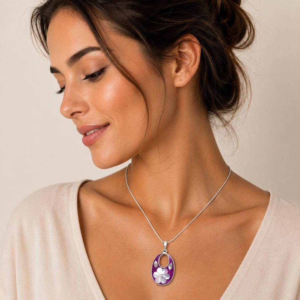 Silver Plated Mexican Flower Pendant: Mother of Pearl Inlay Boho Chic Taxco Jewelry