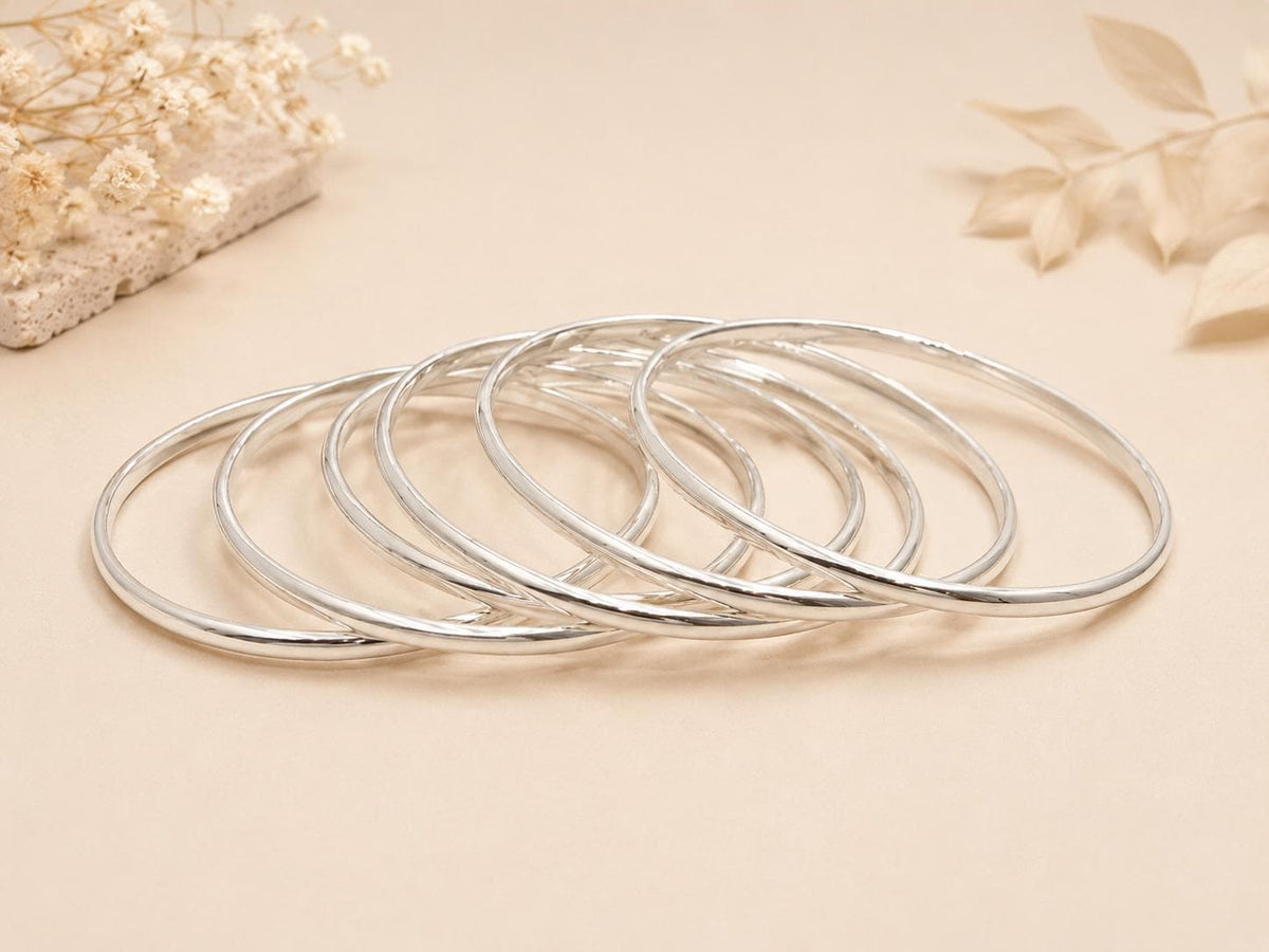 Mexican Boho Silver Plated Bangle Set: 7 Weekly Half Round Bracelets