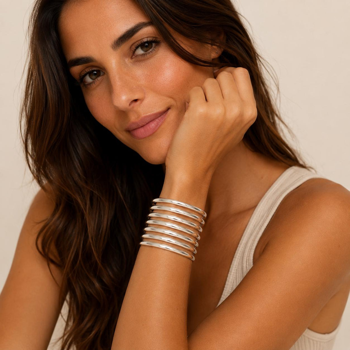 Mexican Boho Silver Plated Bangle Set: 7 Weekly Half Round Bracelets