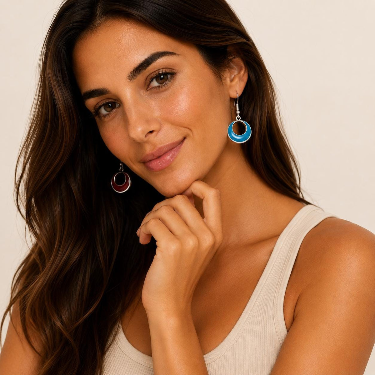 Handcrafted Reversible Silver-Plated Hoop Earrings with Red and Blue Resin - Unique 2-in-1 Statement Jewelry