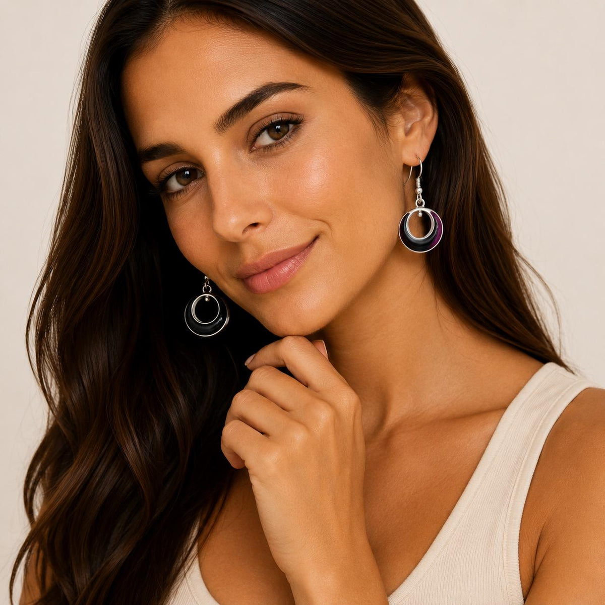 Fashionable Reversible Silver Plated Hoop Earrings in Fuchsia & Black Resin