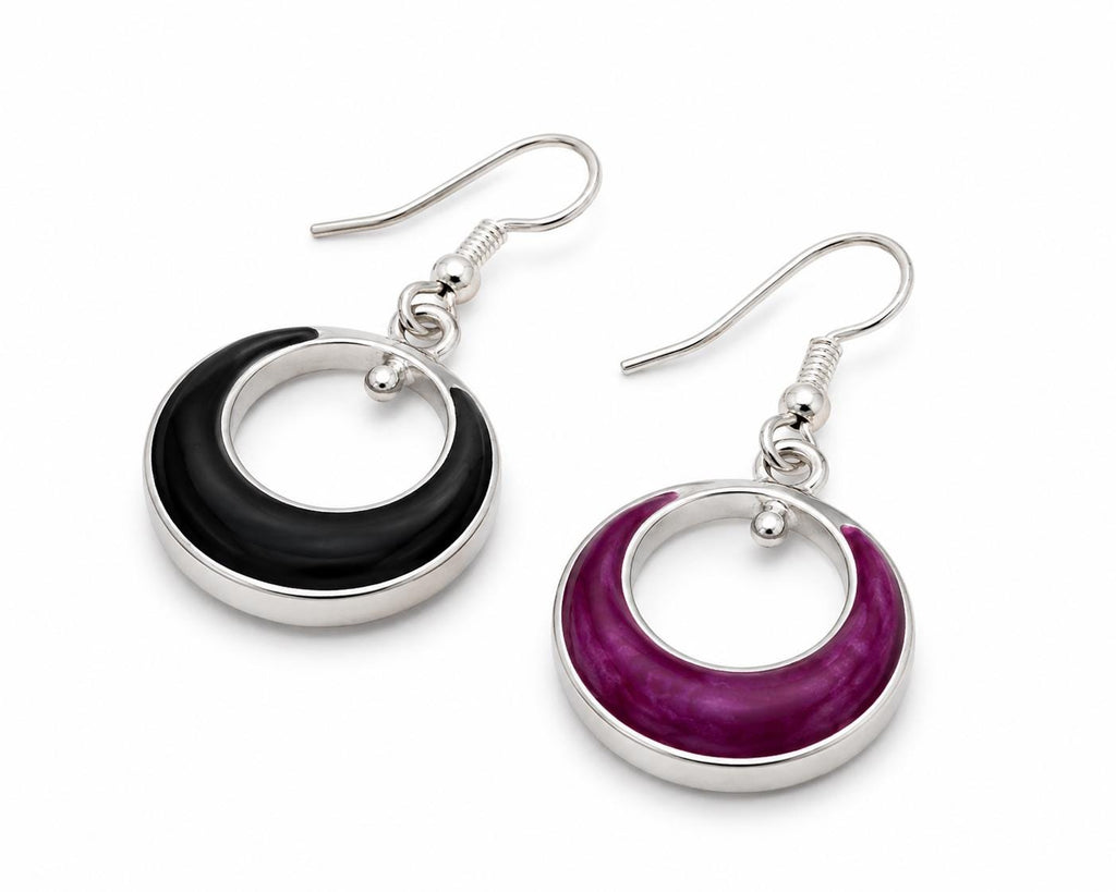 Fashionable Reversible Silver Plated Hoop Earrings in Fuchsia & Black Resin