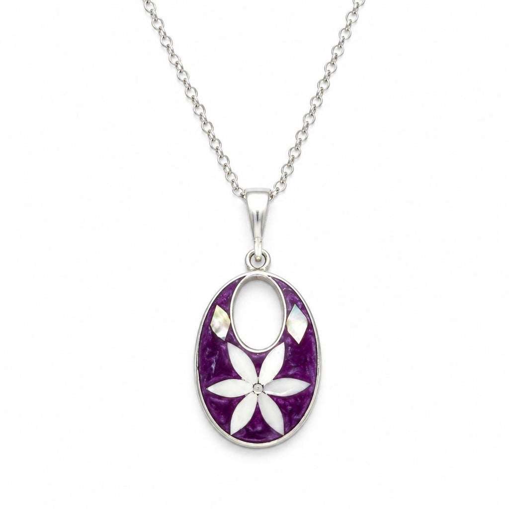 Vintage Mexican Silver Plated Necklace – Mother of Pearl Flower, Purple Resin Enamel Effect