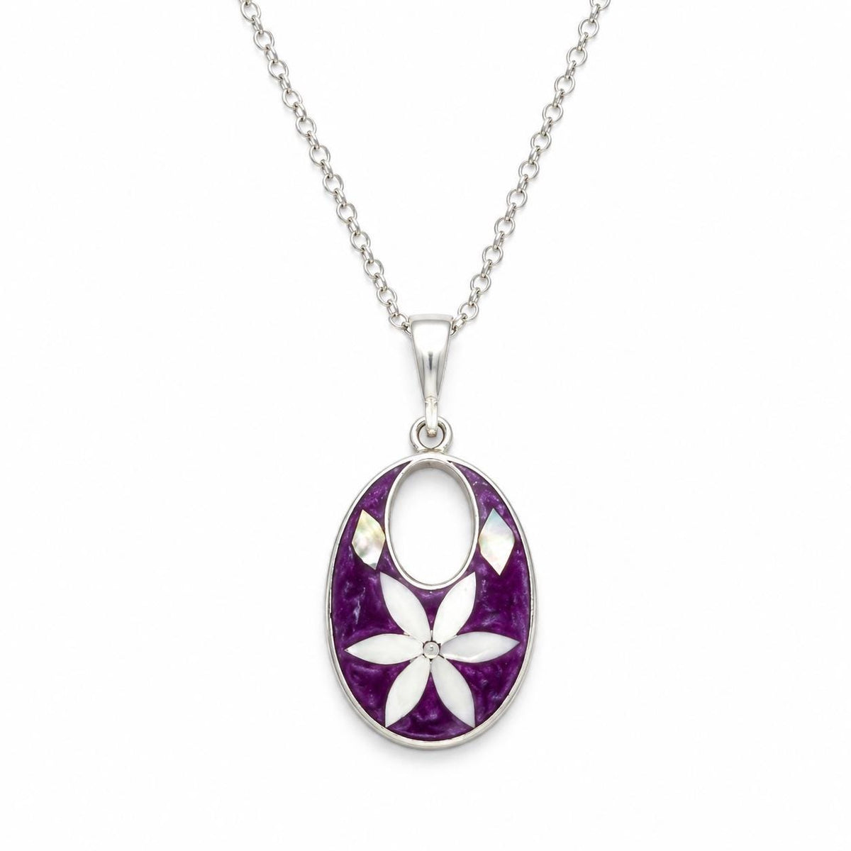 Vintage Mexican Silver Plated Necklace – Mother of Pearl Flower, Purple Resin Enamel Effect