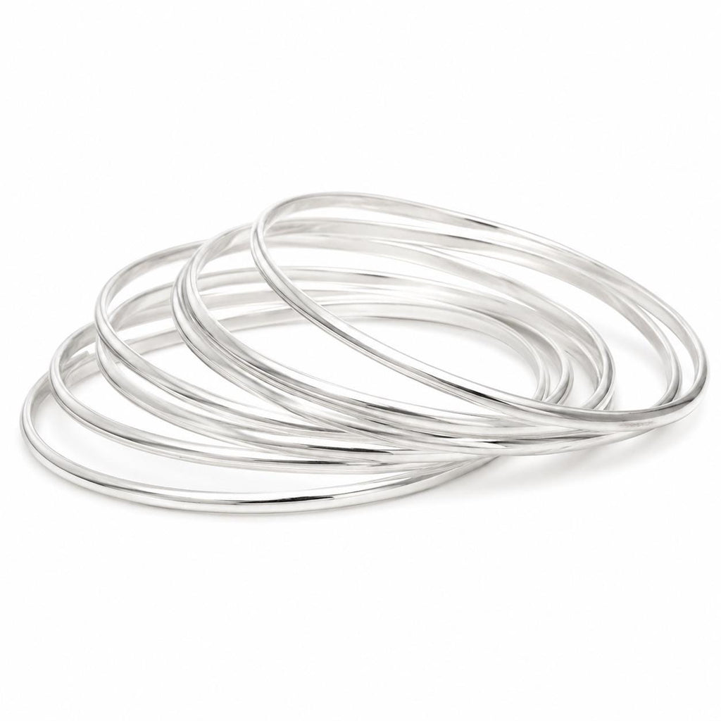 Mexican Boho Silver Plated Bangle Set: 7 Half Round Bracelets, 3mm