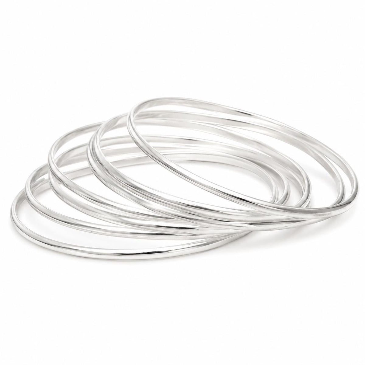 Mexican Boho Silver Plated Bangle Set: 7 Half Round Bracelets, 3mm